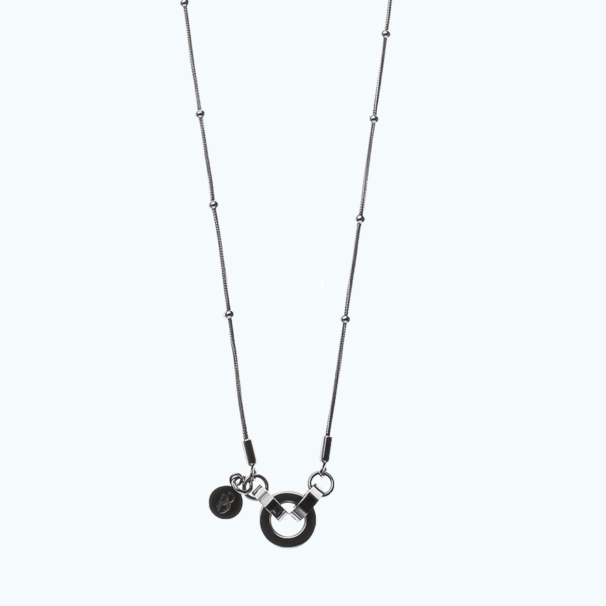 GRETCHEN Necklace — 80 cm Steel Snake Chain, BETTENCOURT jewellery — view 2, clic fastening with extension ring and logo tag