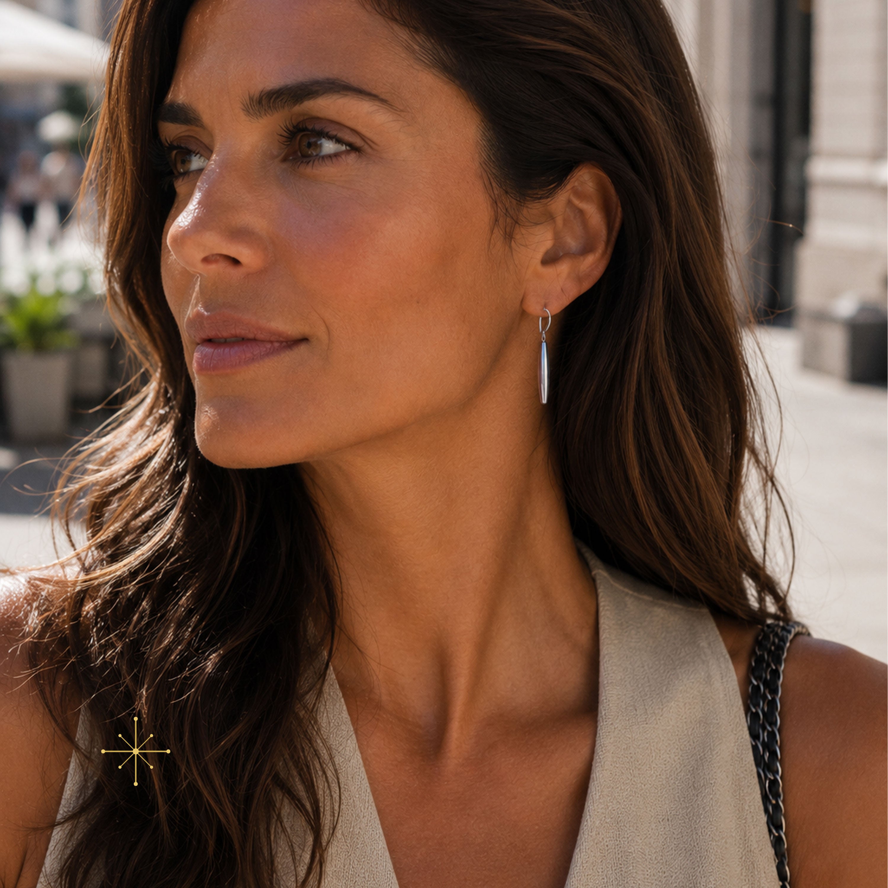 VERA Earrings — Long Drop Steel, BETTENCOURT jewellery — view 2 (AI-assisted image)