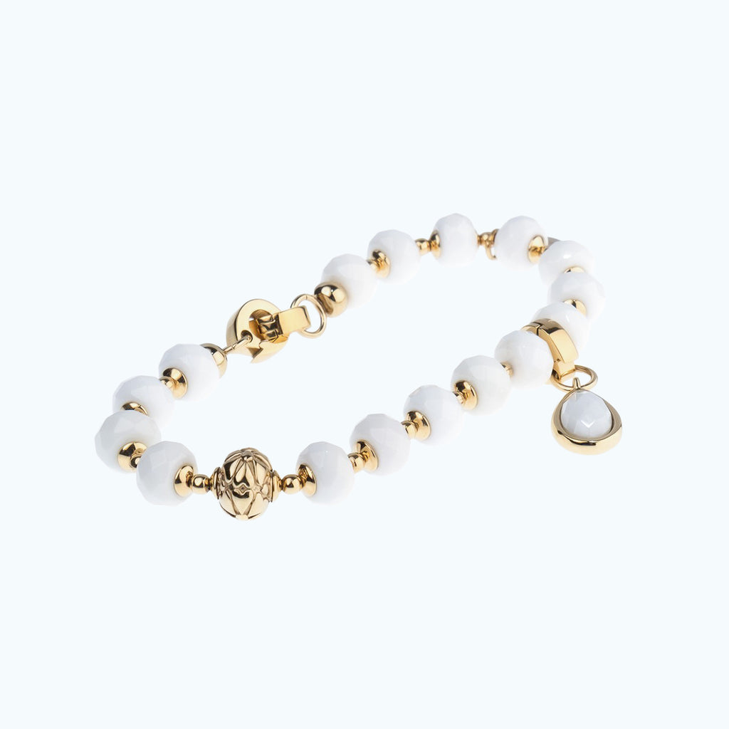 CANDELA Bracelet — Faceted White Agate & Gold, BETTENCOURT jewellery — view 3, ornate golden bead and clasp, shown with a white drop charm (not included)