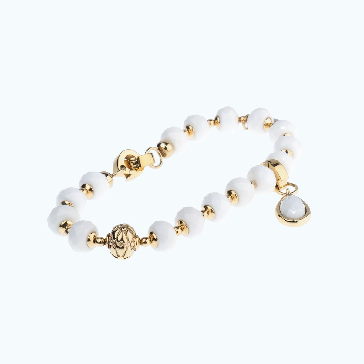 CANDELA Bracelet — Faceted White Agate & Gold, BETTENCOURT jewellery — view 3, ornate golden bead and clasp, shown with a white drop charm (not included)