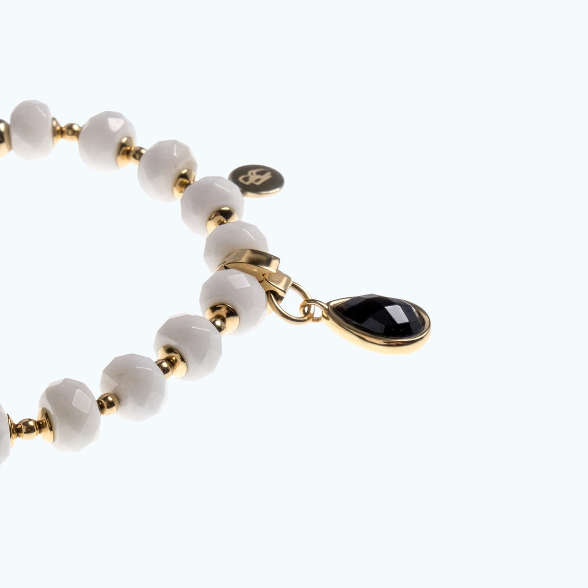 CANDELA Bracelet — Faceted White Agate & Gold, BETTENCOURT jewellery — view 2, clasp and logo tag, shown with a black drop charm (not included)