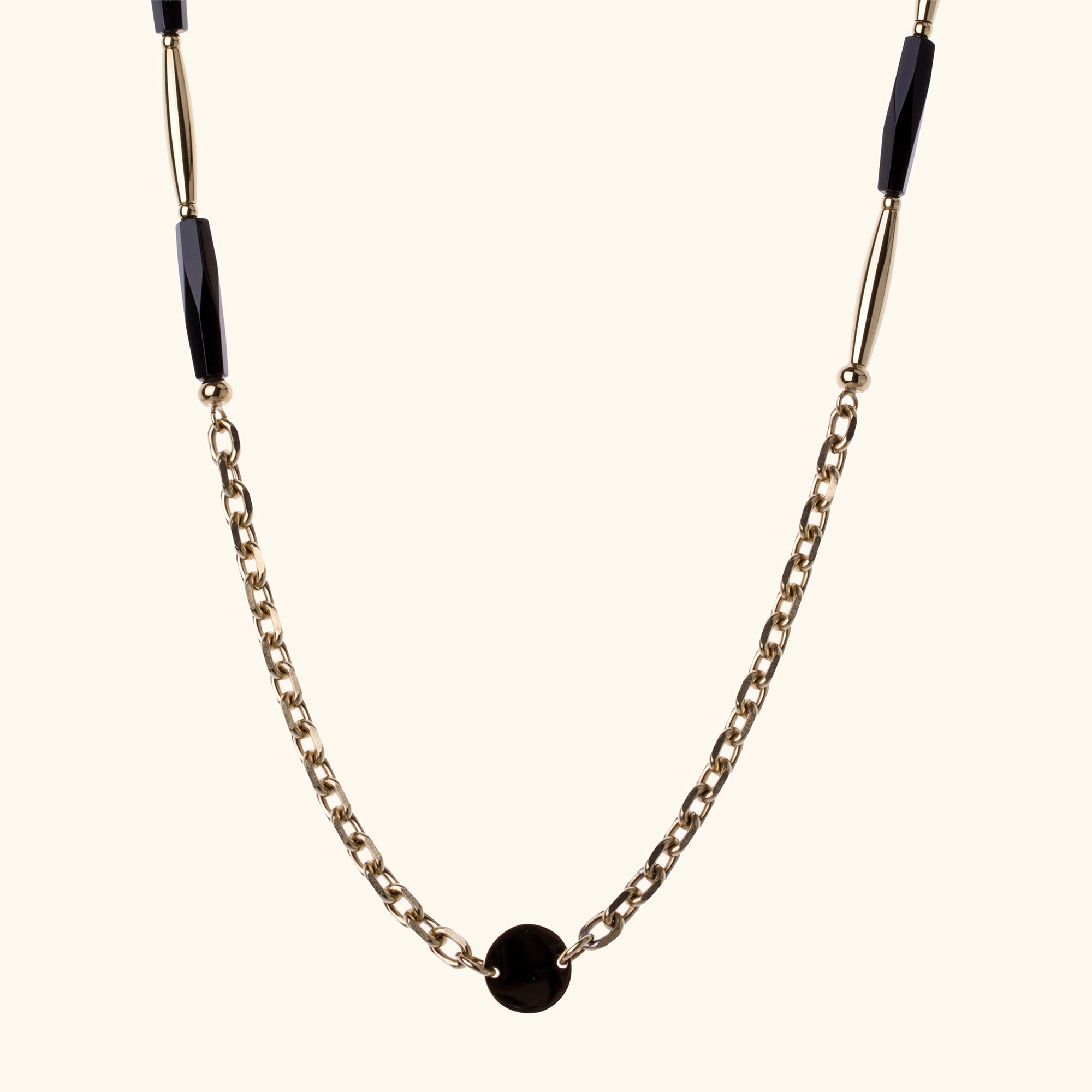 MORGANA — Long Gold & Black Agate Necklace, BETTENCOURT jewellery — view 4, engraved BETTENCOURT medallion