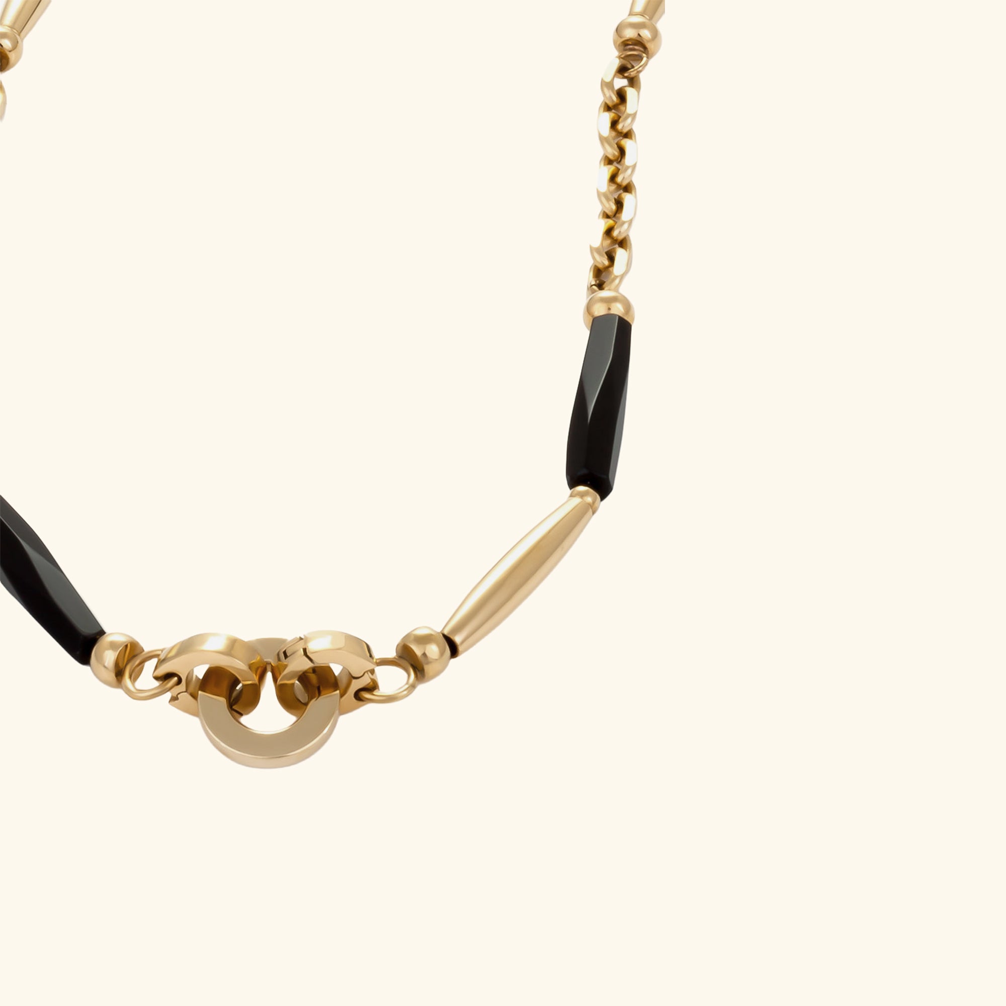 MORGANA — Long Gold & Black Agate Necklace, BETTENCOURT jewellery — view 6, clip fastening detail