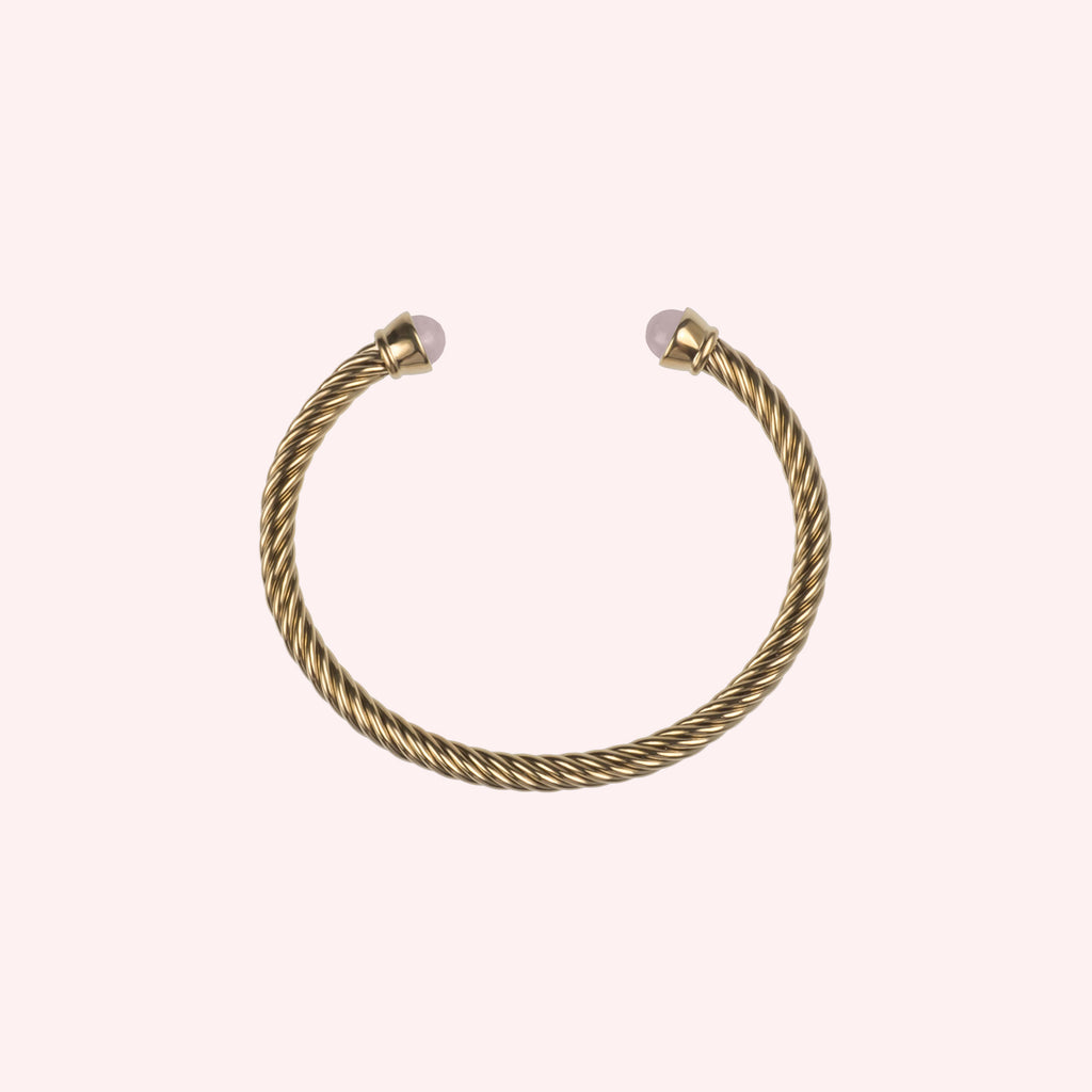 ELICA – Gold Twisted Bangle with Rose Quartz, BETTENCOURT jewellery