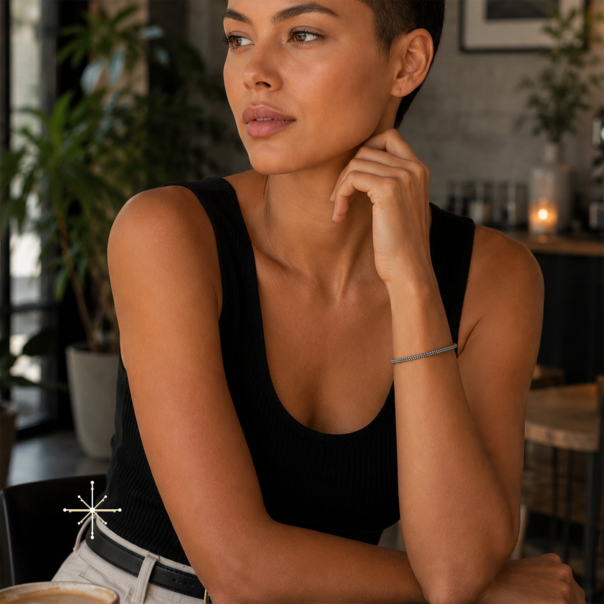 ZILLA & RIVA Set — Double-Row Steel Necklace & Cuff, BETTENCOURT jewellery — view 4, RIVA worn (AI-assisted image)